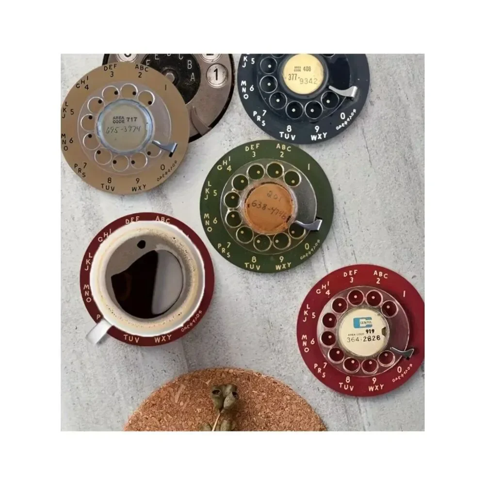 NWT Vintage Rotary Phone Dial 4-Inch Round MDF Wooden Coasters Set of 6